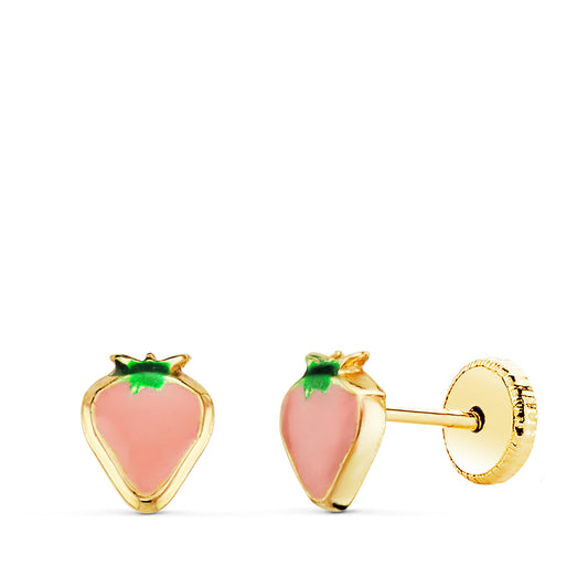 Pendientes Fresa Esmalte Rosa 6 x 5 mm. Cierre Tuerca de oro amarillo 18K