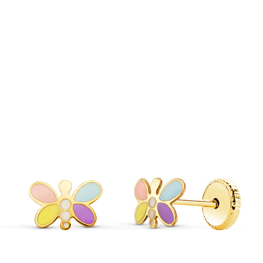 Pendientes Libelula Esmalte Pastel 7 x 5 mm. Cierre Tuerca de oro amarillo 18K