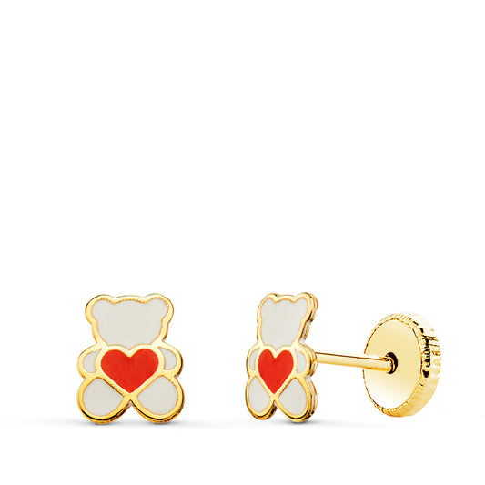 Pendientes Oso Esmalte Blanco y Corazon. 6 x 4,5 mm. Cierre Tuerca de oro amarillo 18K
