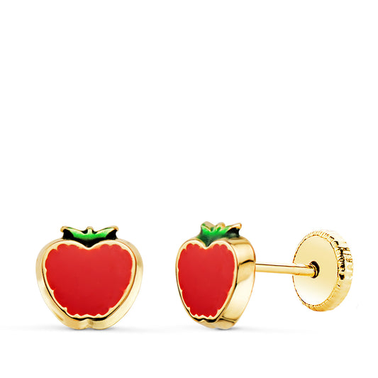 Pendientes Manzana Esmalte Rojo. 6 x 6 mm. Cierre Tuerca de oro amarillo 18K