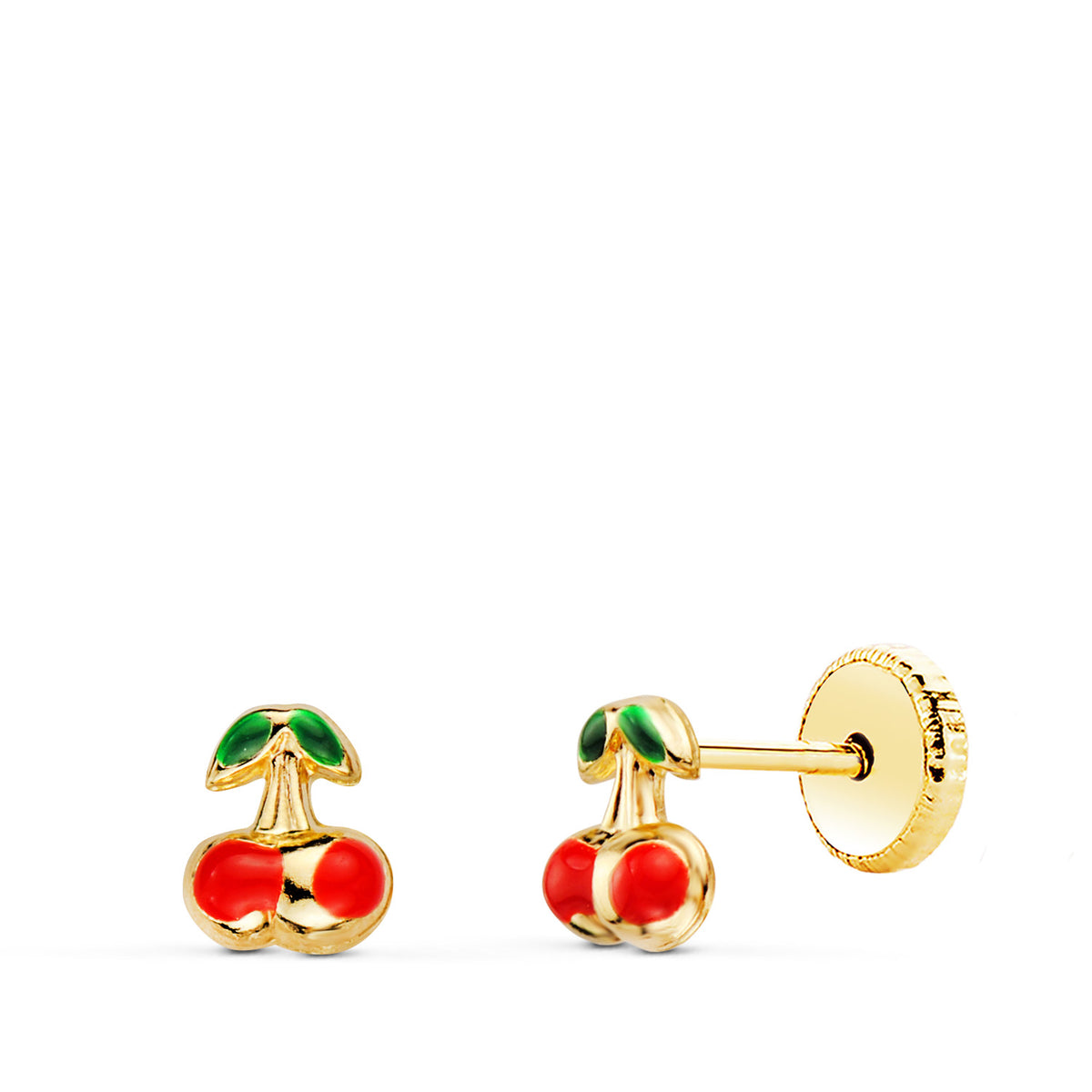 Pendientes Cerezas Esmalte 5 x 4 mm. Cierre Tuerca de oro amarillo 18K