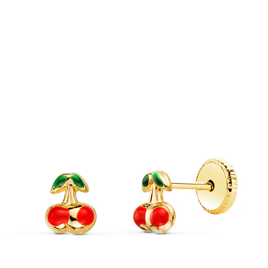 Pendientes Cerezas Esmalte 5 x 4 mm. Cierre Tuerca de oro amarillo 18K