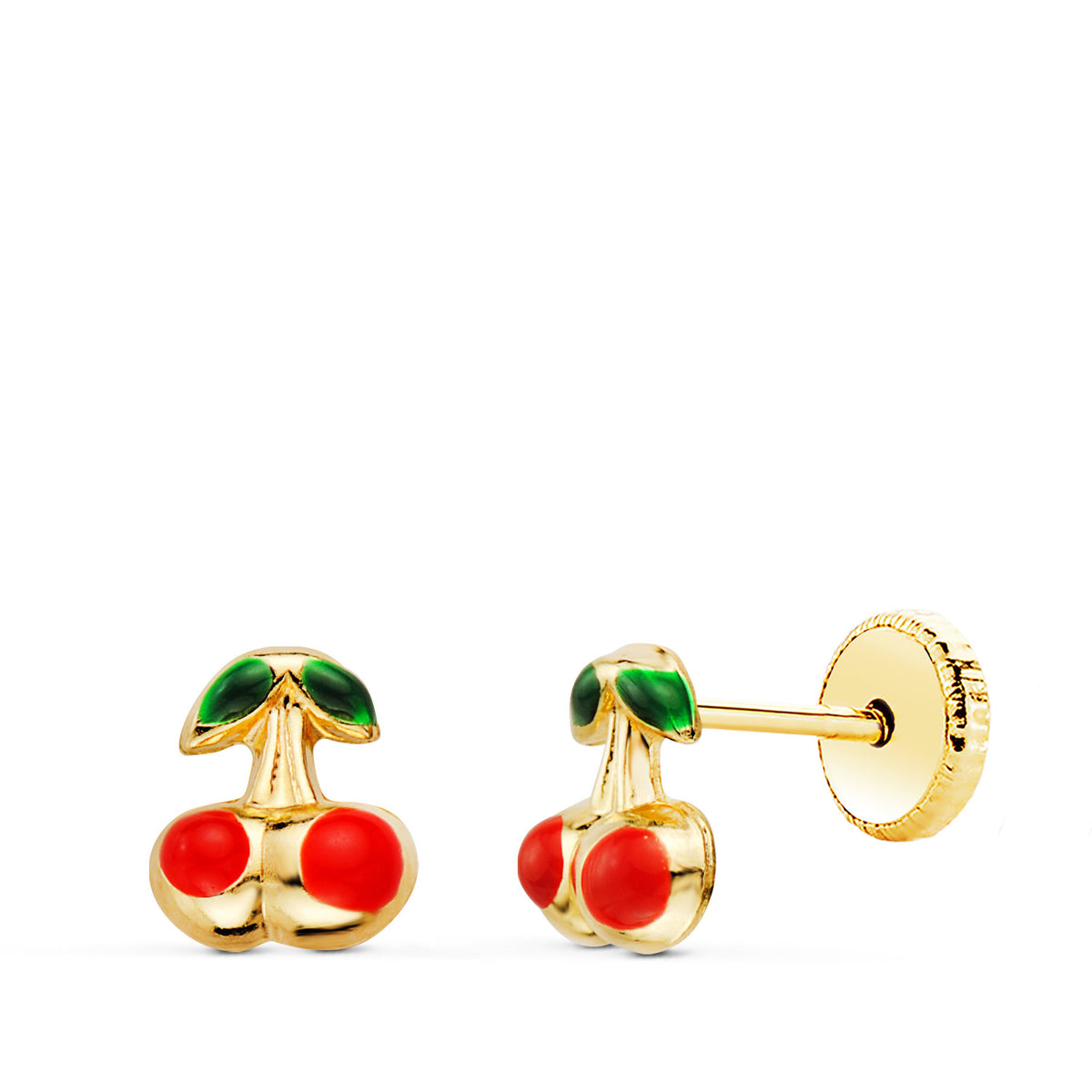 Pendientes Cerezas Esmalte 6 x 5 mm. Cierre Tuerca de oro amarillo 18K