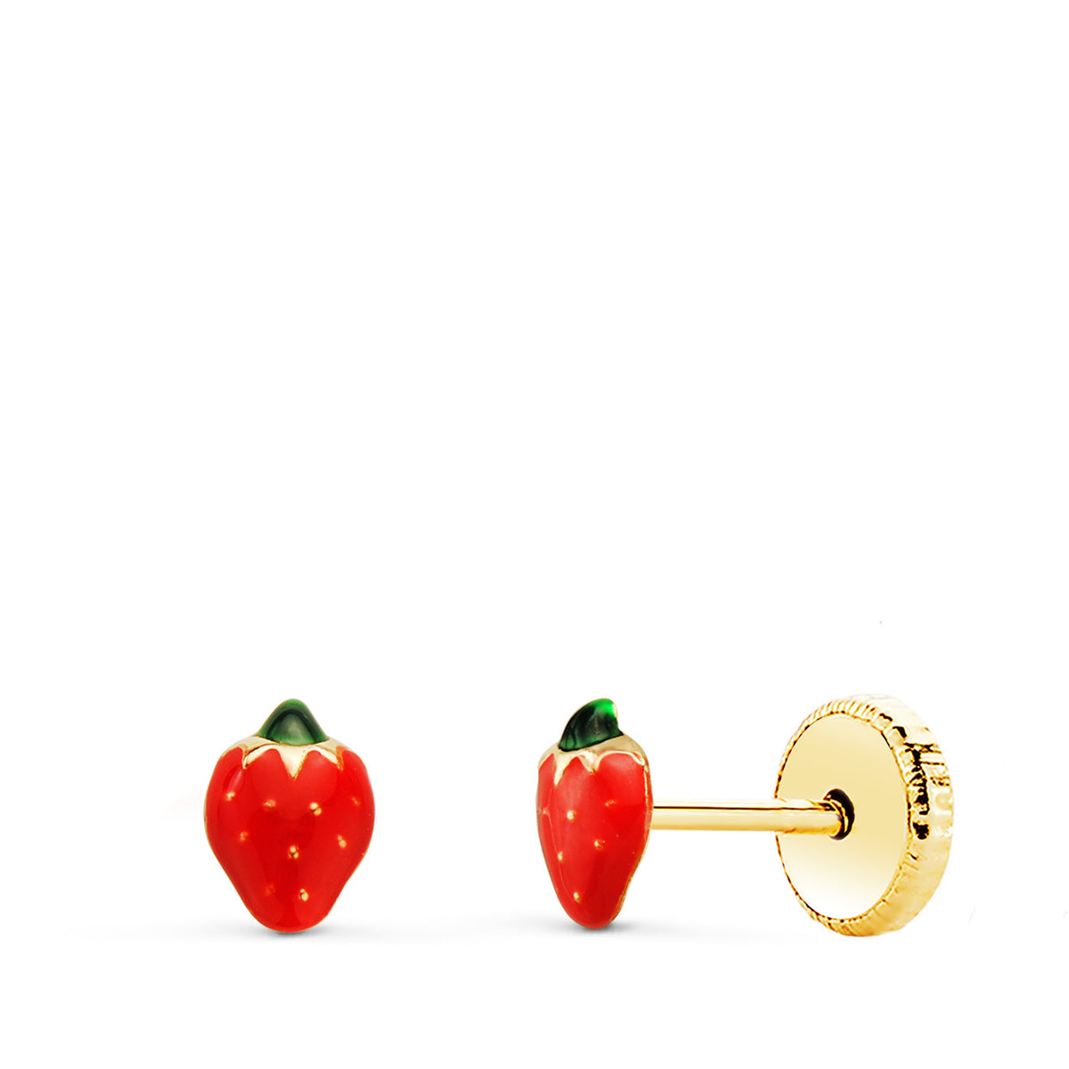 Pendientes Fresas Minis Esmalte 5,5 x 4 mm. Cierre Tuerca de oro amarillo 18K
