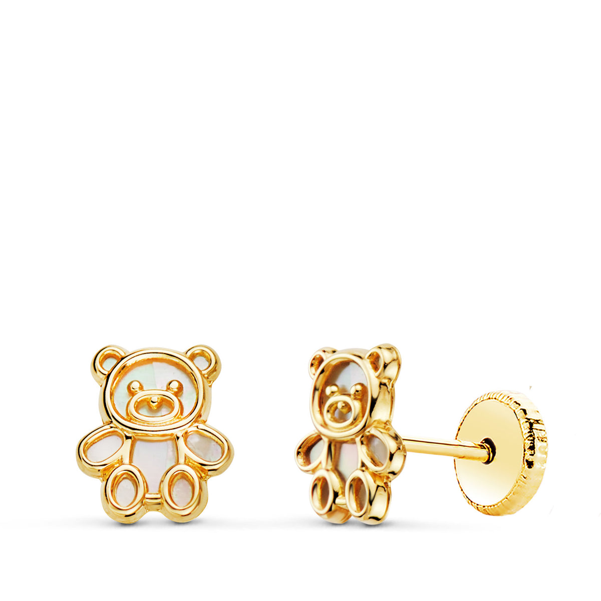 Pendientes Osos Silueta Interior Nacar 7 x 6 mm. Cierre Tuerca de oro amarillo 18K