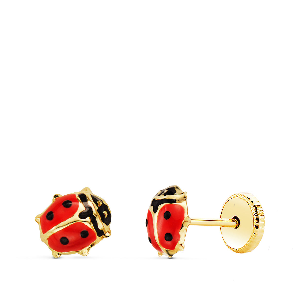 Pendientes Mariquita Esmalte 5,5 x 5 mm. Cierre Tuerca de oro amarillo 18K