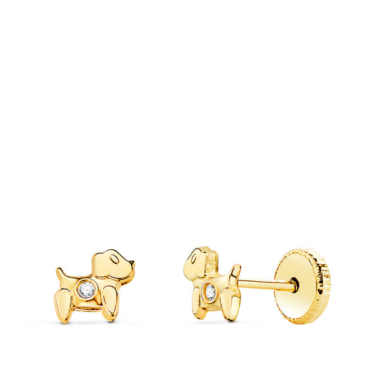 Pendientes Perros con Circonita 5 x 4,5 mm. Cierre Tuerca de oro amarillo 18K