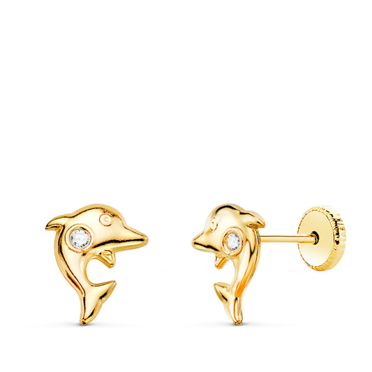 18K PENDIENTES ORO AMARILLO DELFINES CON CIRCONITA 8 X 6 MM. CIERRE TUERCA