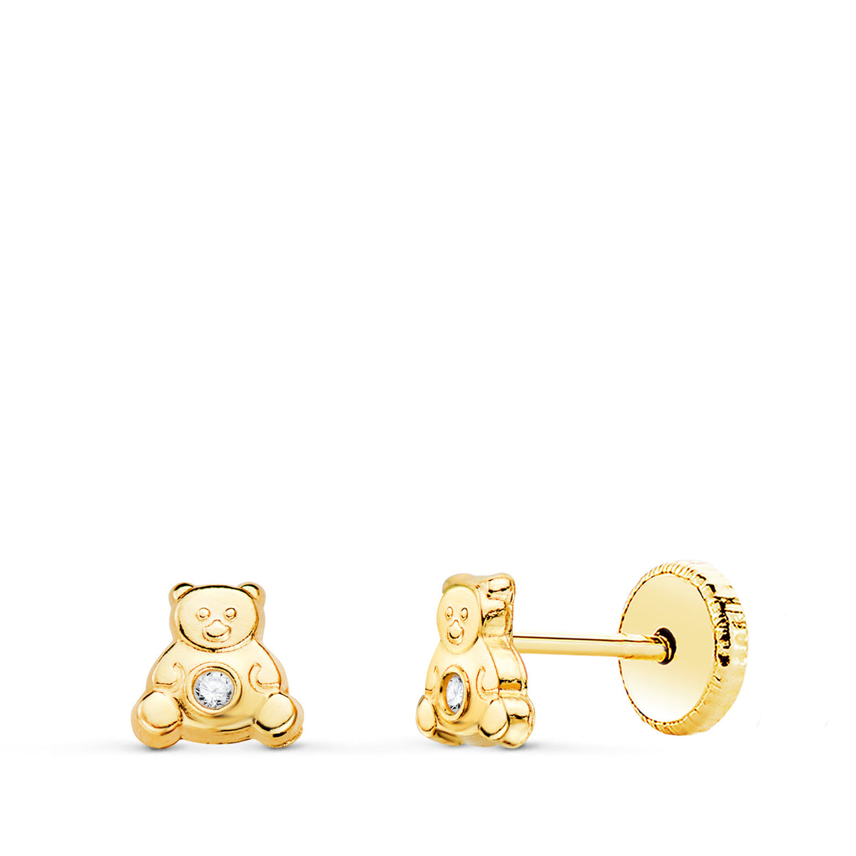 Pendientes Oso con Circonita 4,5 x 4,5 mm. Cierre Tuerca de oro amarillo 18K
