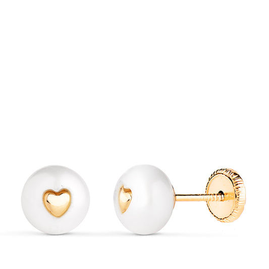 Pendientes Perla con Interior de Corazon. Medida: 7 mm. Cierre Tuerca de oro amarillo 18K