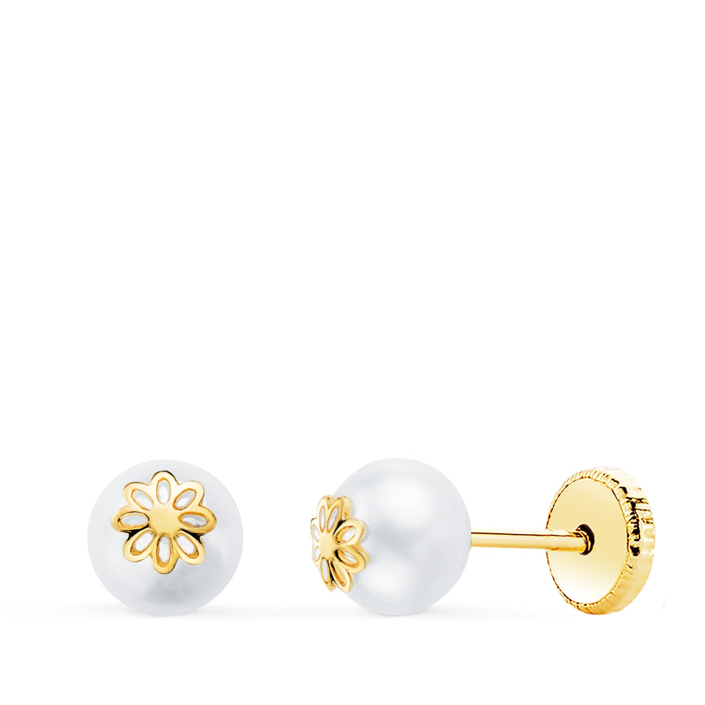 Pendientes Perlas con Motivo Margarita. Ancho: 5 mm. Cierre Tuerca de oro amarillo 18K