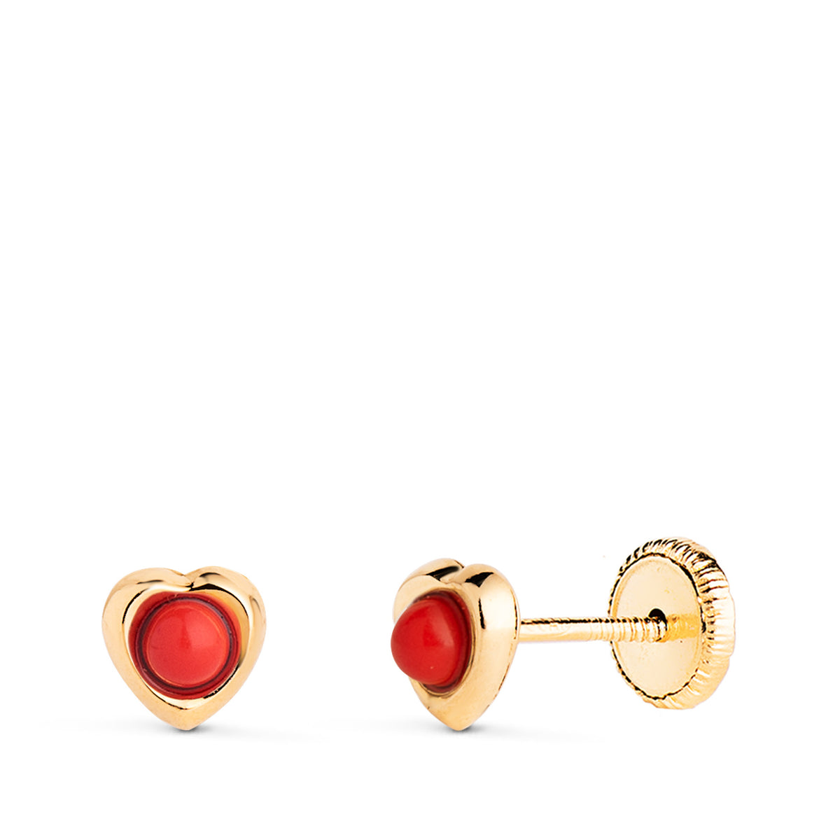 Pendientes Corazon con Coral de 2,4 mm. Medida: 5 x 5 mm. Cierre Tuerca de oro amarillo 18K