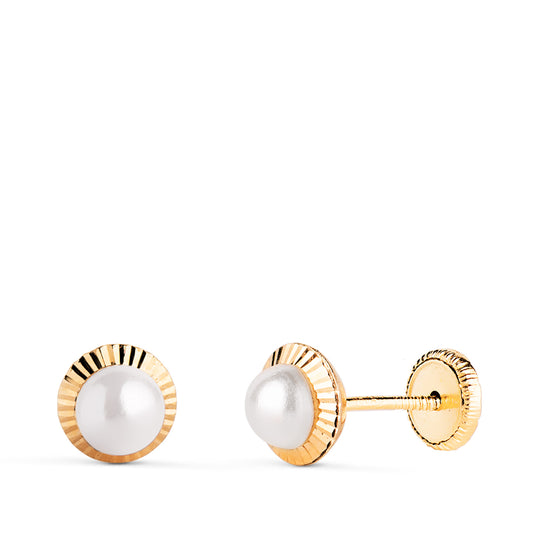 18K PENDIENTES ORO AMARILLO PERLA ORLA TALLADA 6 MM CIERRE TUERCA