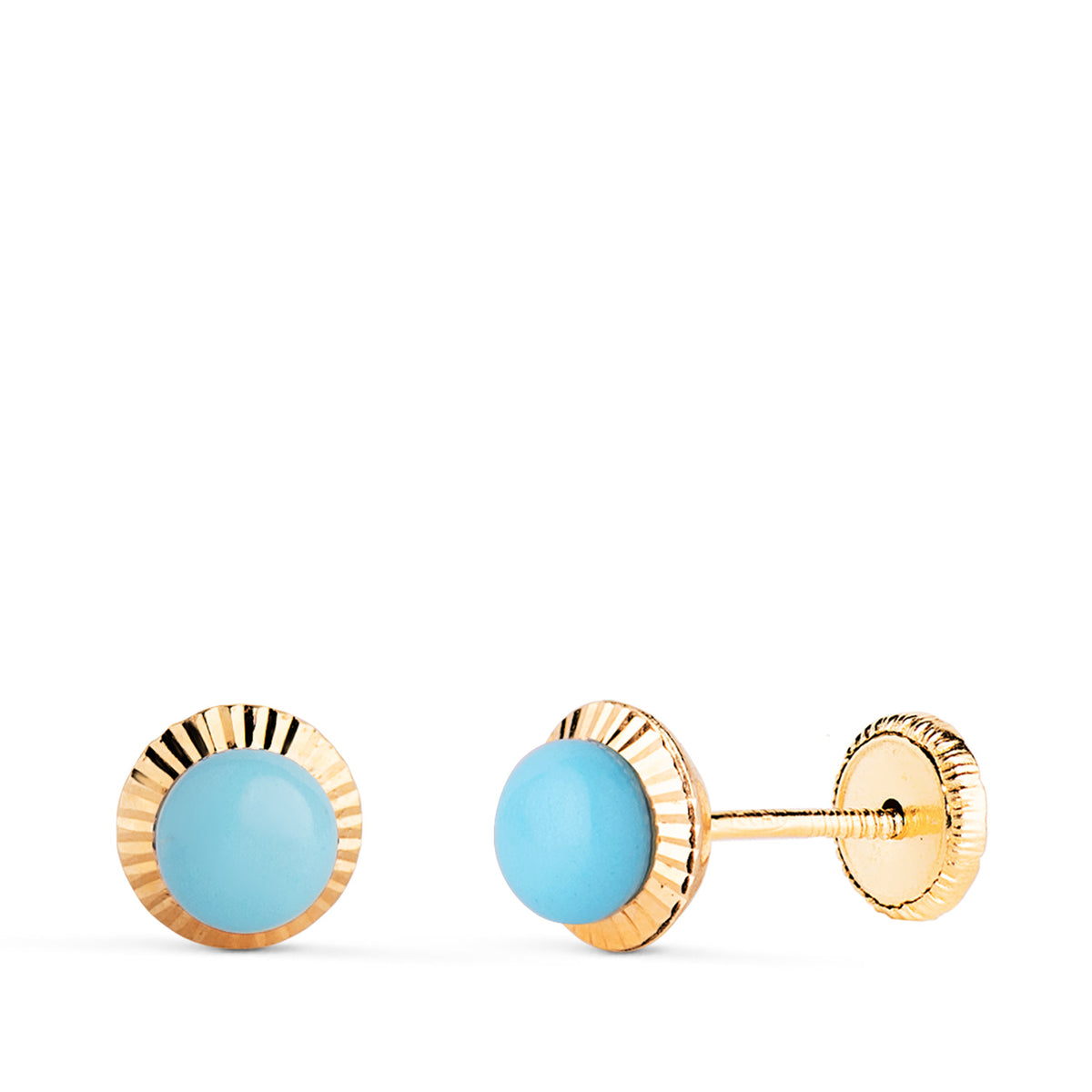 Pendientes Turquesa Orla Tallada 6 mm. Cierre Tuerca de oro amarillo 18K