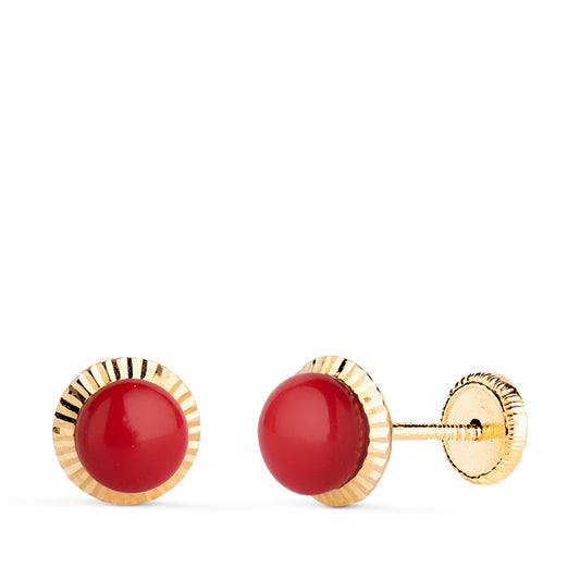 18K PENDIENTES ORO AMARILLO CORAL ORLA TALLADA 7 MM CIERRE TUERCA