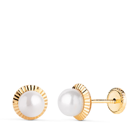 18K PENDIENTES ORO AMARILLO PERLA ORLA TALLADA 7 MM. CIERRE TUERCA