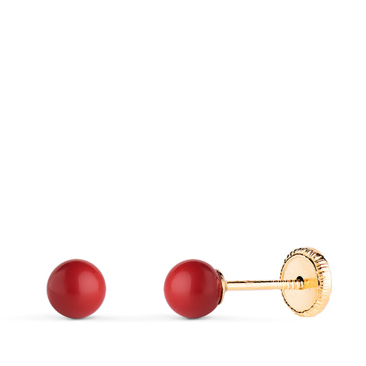 9K PENDIENTES ORO AMARILLO CORAL SINTETICO REDONDO 4 MM. CIERRE TUERCA