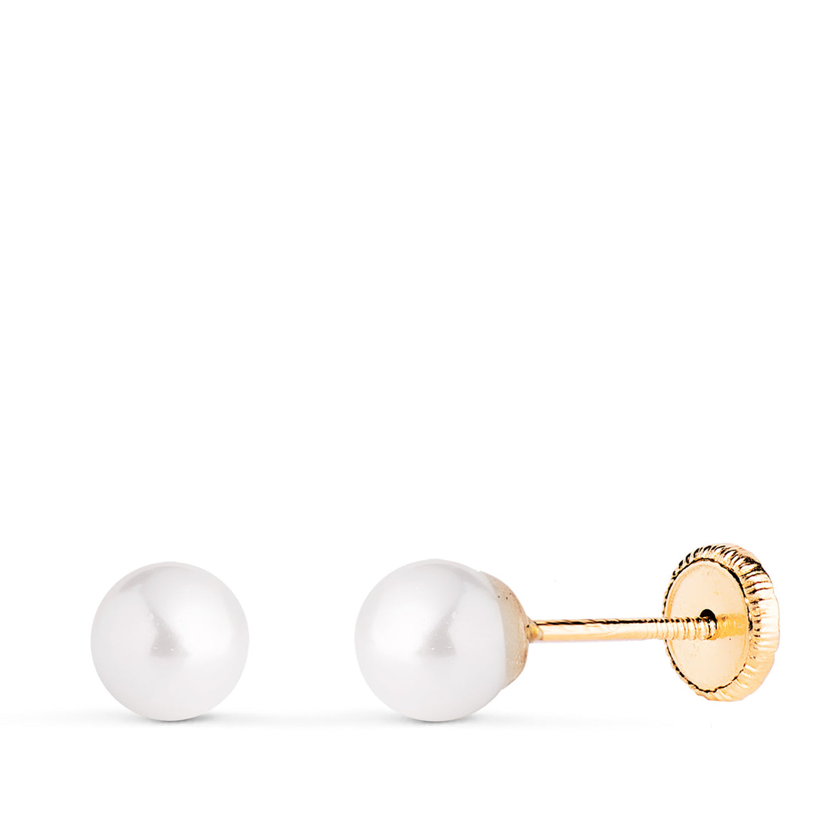 Pendientes Perla con Casquilla. Medida: 5 mm. Cierre Tuerca de oro amarillo 18K