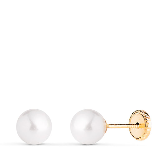 Pendientes Perla con Casquilla. Medida: 6 mm. Cierre Tuerca de oro amarillo 18K