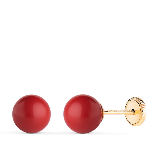Pendientes Coral con Casquilla. Medida: 7 mm. Cierre Tuerca de oro amarillo 18K