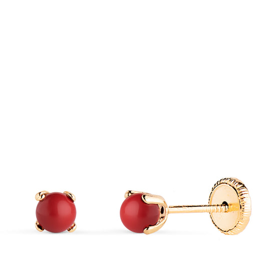 Pendientes Coral con 4 Garras. Medida: 3 mm. Cierre Tuerca de oro amarillo 18K