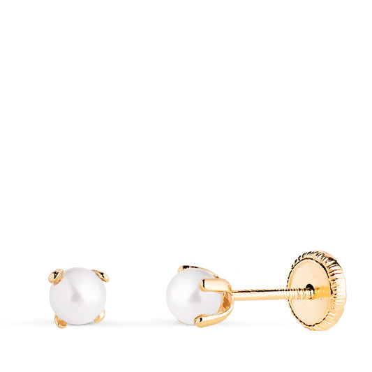 Pendientes Perla con 4 Garras. Medida: 3 mm. Cierre Tuerca de oro amarillo 18K