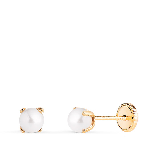 Pendientes Perla con 4 Garras. Medida: 4 mm. Cierre Tuerca de oro amarillo 18K