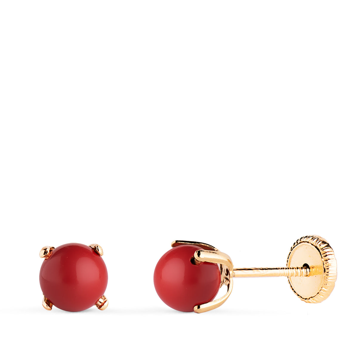 Pendientes Coral con 4 Garras. Medida: 5 mm. Cierre Tuerca de oro amarillo 18K