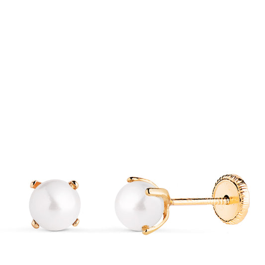 Pendientes Perla con 4 Garras. Medida: 5 mm. Cierre Tuerca de oro amarillo 18K