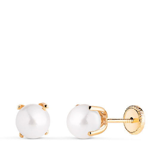 Pendientes Perla con 4 Garras. Medida: 6 mm. Cierre Tuerca de oro amarillo 18K