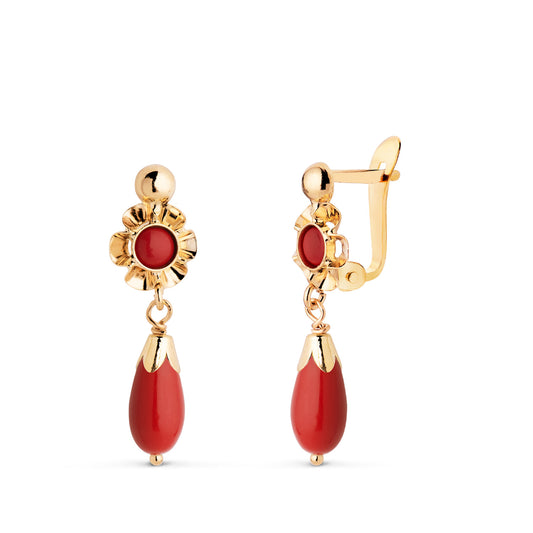 Pendientes Cubanas Lagrima Coralina. Medida: 22 x 7 mm. de oro amarillo 18K