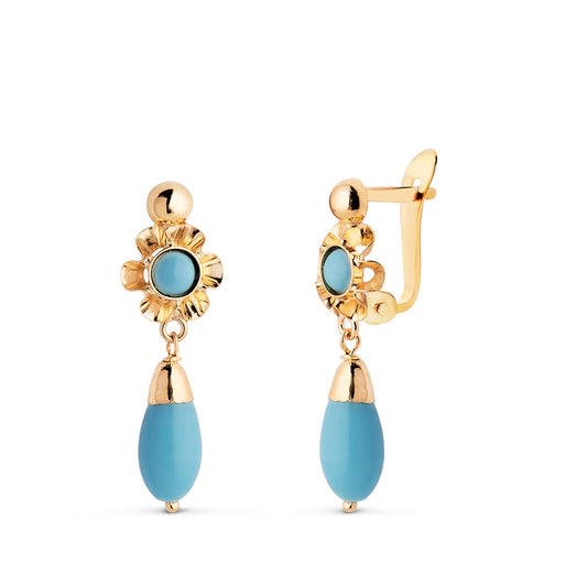 Pendientes Cubanas Lagrima Turquesa. Medida: 22 x 7 mm. de oro amarillo 18K