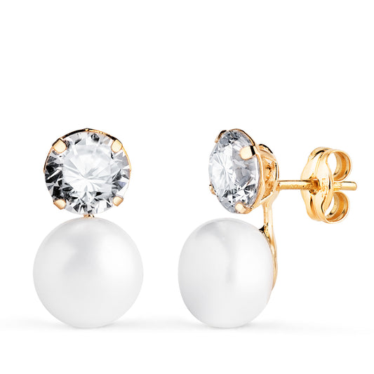 18K PENDIENTES ORO AMARILLO TU Y YO PERLA CON CIRCONITA REDONDA. MEDIDA: 14 X 8 MM. CIERRE PRESION