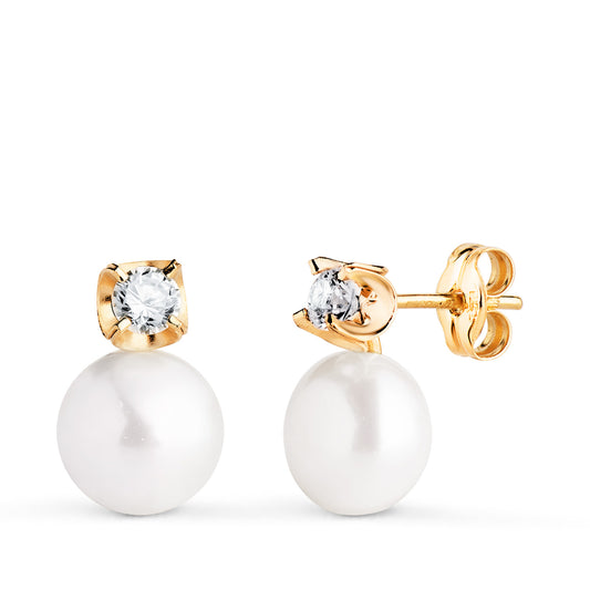Pendientes Tu y Yo Perla con Circonita. Medida: 12 x 7 mm. de oro amarillo 18K