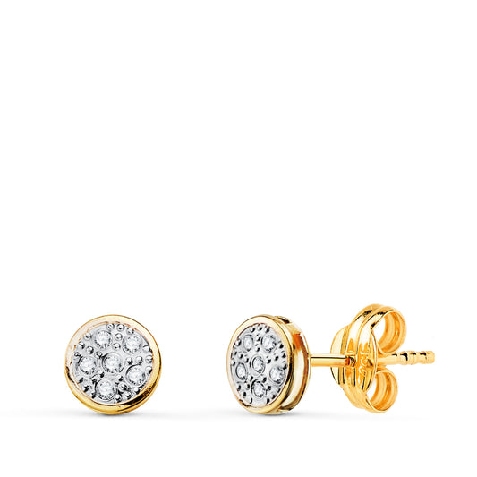 18K PENDIENTES ORO BICOLOR REDONDOS CON CIRCONITAS: MEDIDA: 5X5MM. CIERRE PRESION
