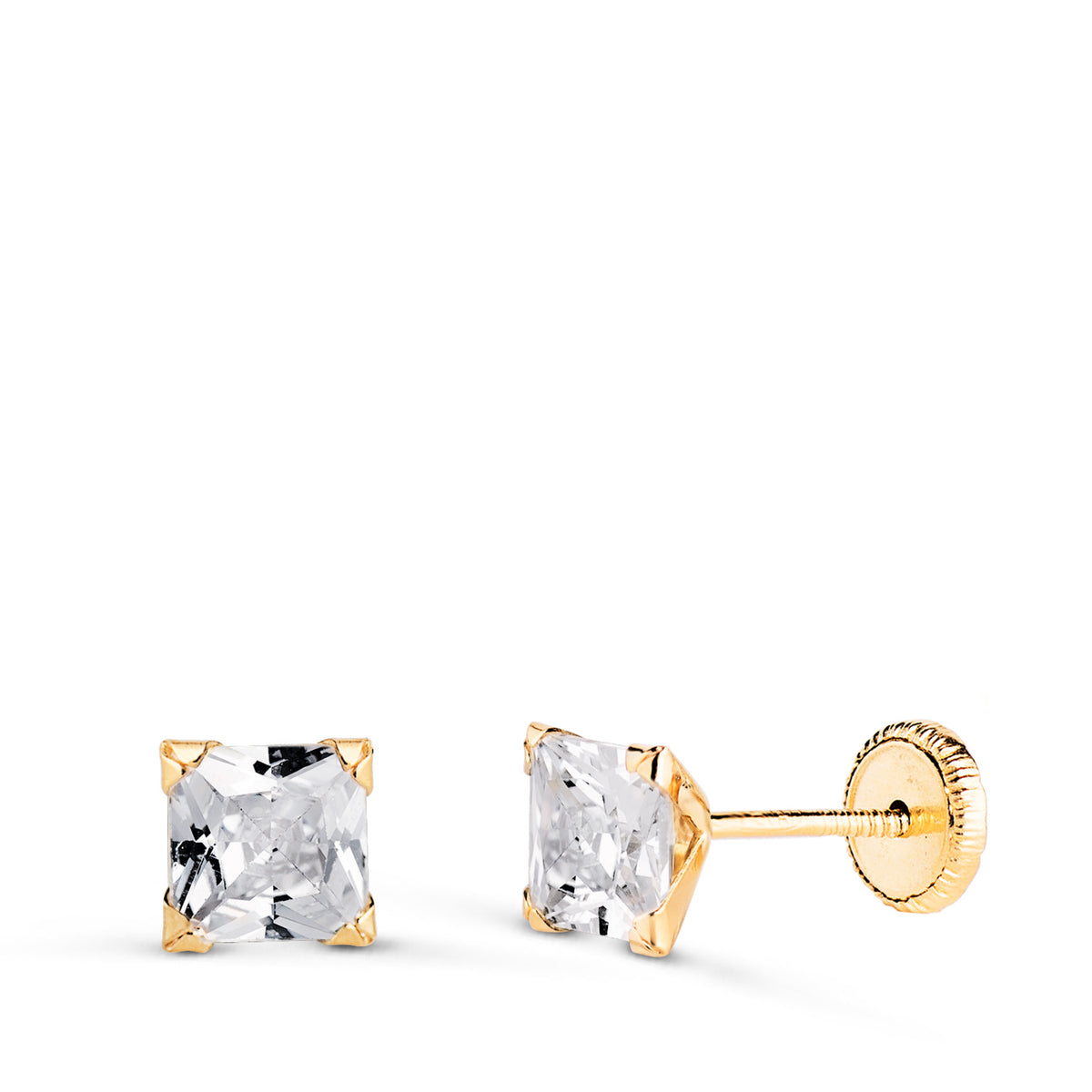 Pendientes Circonita Cuadrada con 4 Garras. Ancho: 5 mm. Cierre Tuerca de oro amarillo 18K