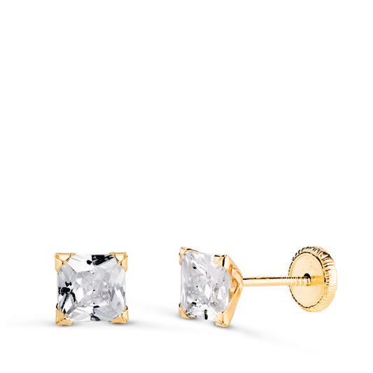 Pendientes Circonita Cuadrada con 4 Garras. Ancho: 5 mm. Cierre Tuerca de oro amarillo 18K