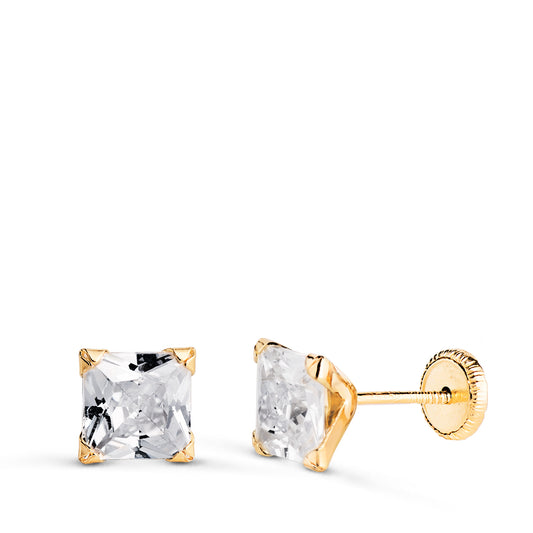 Pendientes Circonita Cuadrada con 4 Garras. Ancho: 6 mm. Cierre Tuerca de oro amarillo 18K