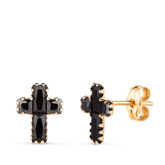 Pendientes Cruz con Circonitas Negras Baguette. 8,5 x 6,5 mm. de oro amarillo 18K