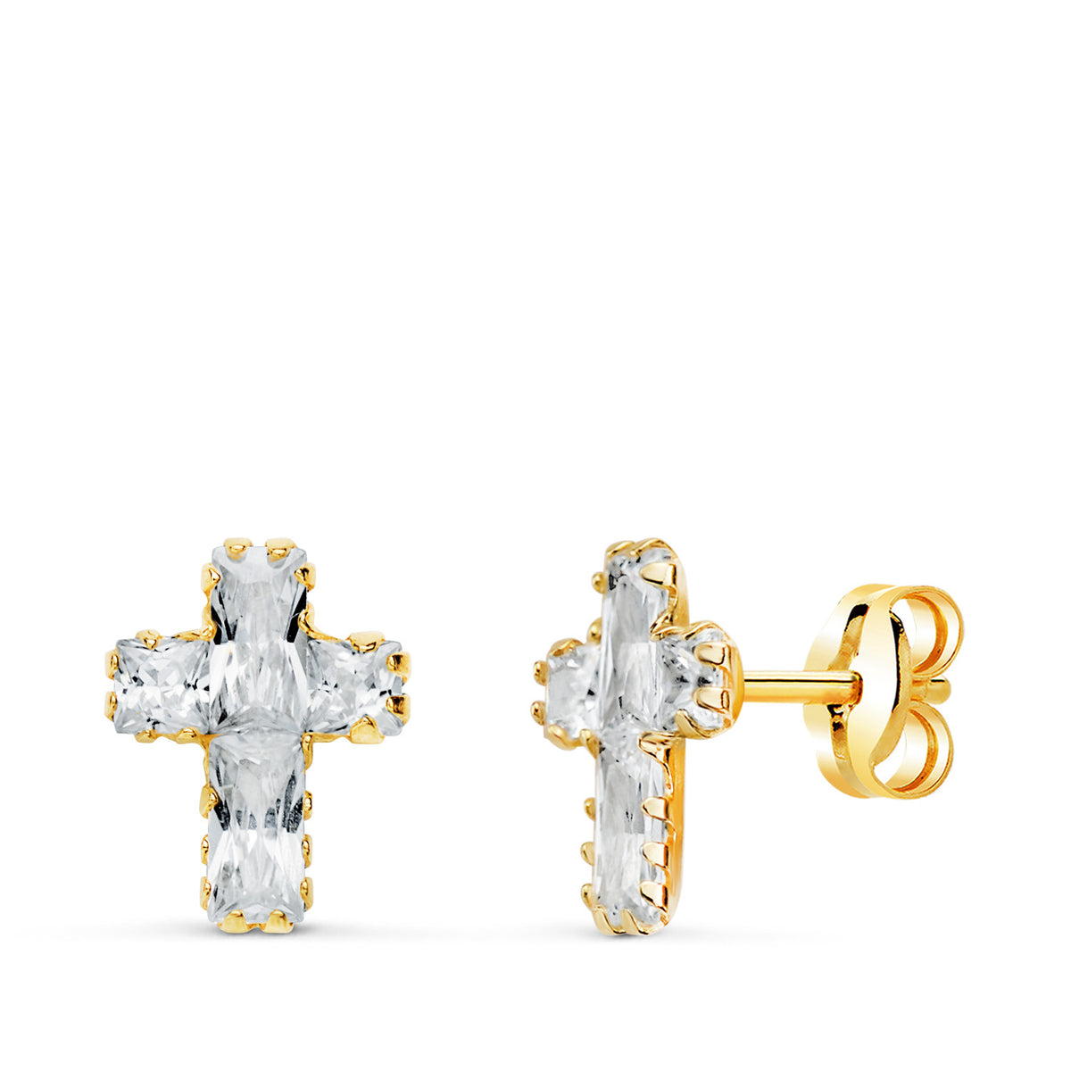 Pendientes Cruz Circonitas Baguette. 8,5 x 6,5 mm. de oro amarillo 18K