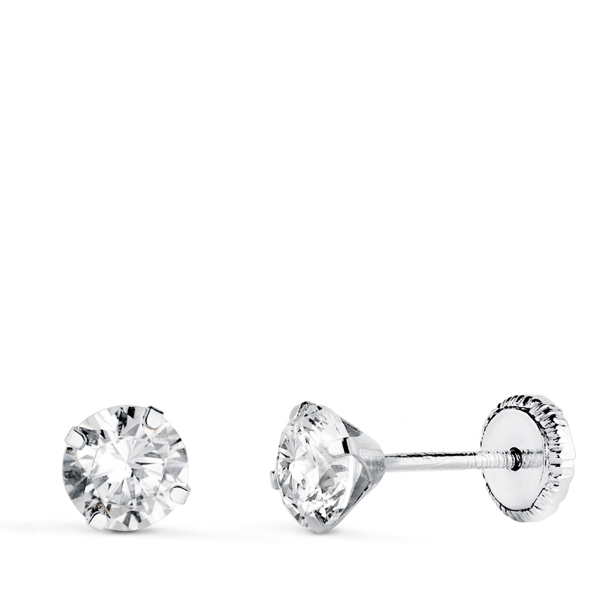Pendientes 4 Garras con Circonita. Ancho: 5 mm Cierre Tuerca de oro blanco 18K