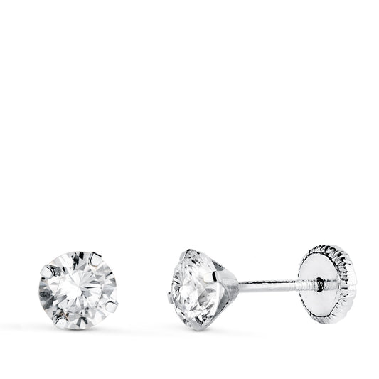 Pendientes 4 Garras con Circonita. Ancho: 5 mm Cierre Tuerca de oro blanco 18K