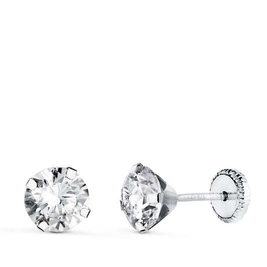 Pendientes 4 Garras con Circonita. Ancho: 6 mm Cierre Tuerca de oro blanco 18K