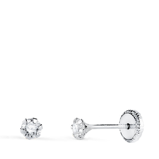 Pendientes 6 Garras con Circonita. Ancho: 3 mm Cierre Tuerca de oro blanco 18K
