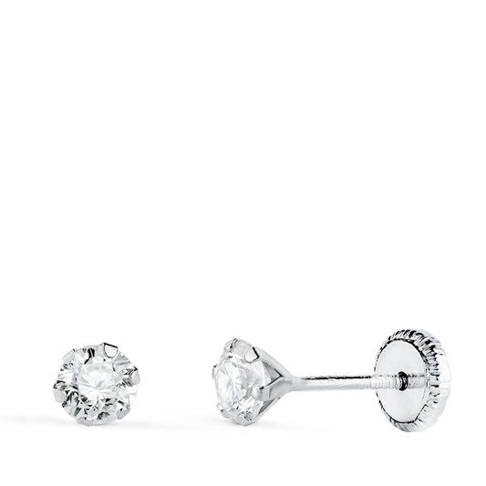 Pendientes 6 Garras con Circonita. Ancho: 4 mm Cierre Tuerca de oro blanco 18K