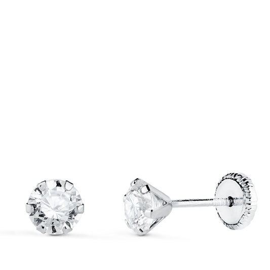 Pendientes 6 Garras con Circonita. Ancho: 5 mm Cierre Tuerca de oro blanco 18K
