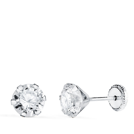 Pendientes 6 Garras con Circonita. Ancho: 6 mm Cierre Tuerca de oro blanco 18K