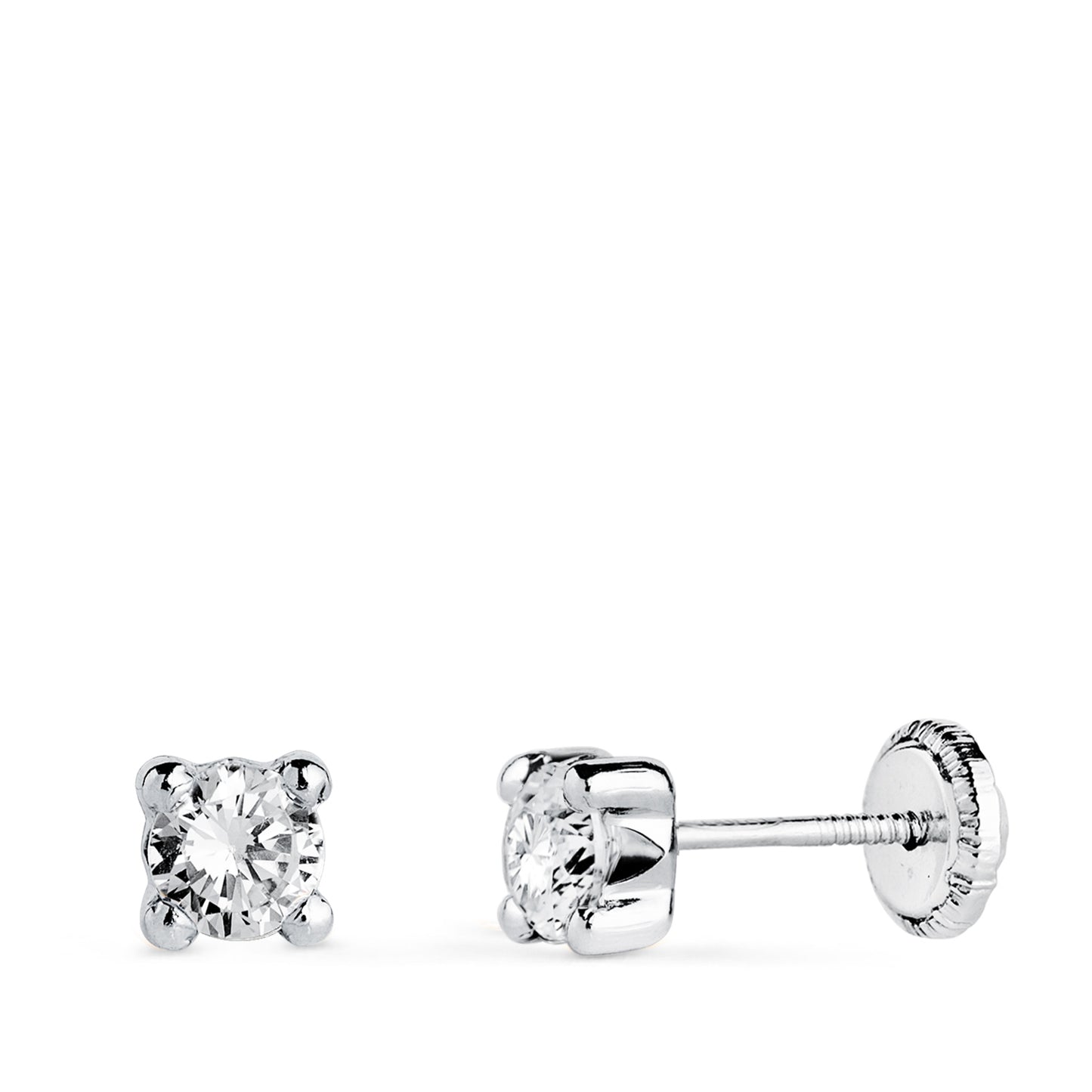 18K PENDIENTES ORO BLANCO CIRCONITA 4MM CON 4 GARRAS. ANCHO: 4,5 MM. CIERRE TUERCA