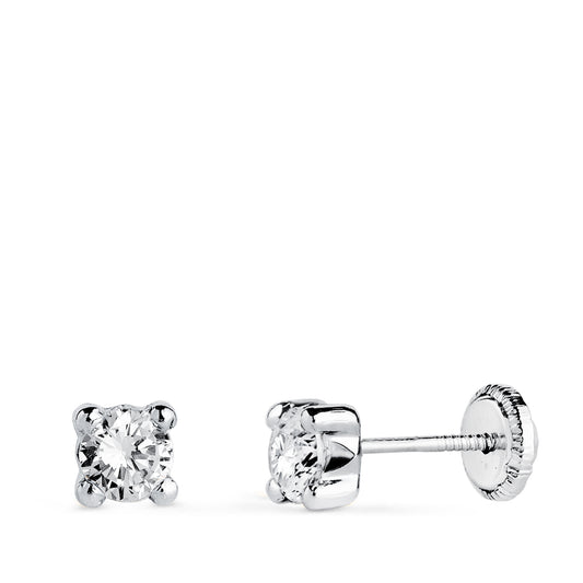 Pendientes Circonita 4 mm con 4 Garras. Ancho: 4,5 mm. Cierre Tuerca de oro blanco 18K