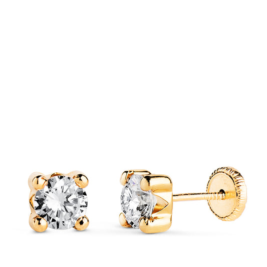 18K PENDIENTES ORO AMARILLO CIRCONITA 5MM CON 4 GARRAS. ANCHO: 5,5 MM. CIERRE TUERCA